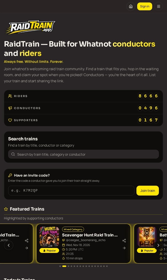 raidtrain.app website screenshot