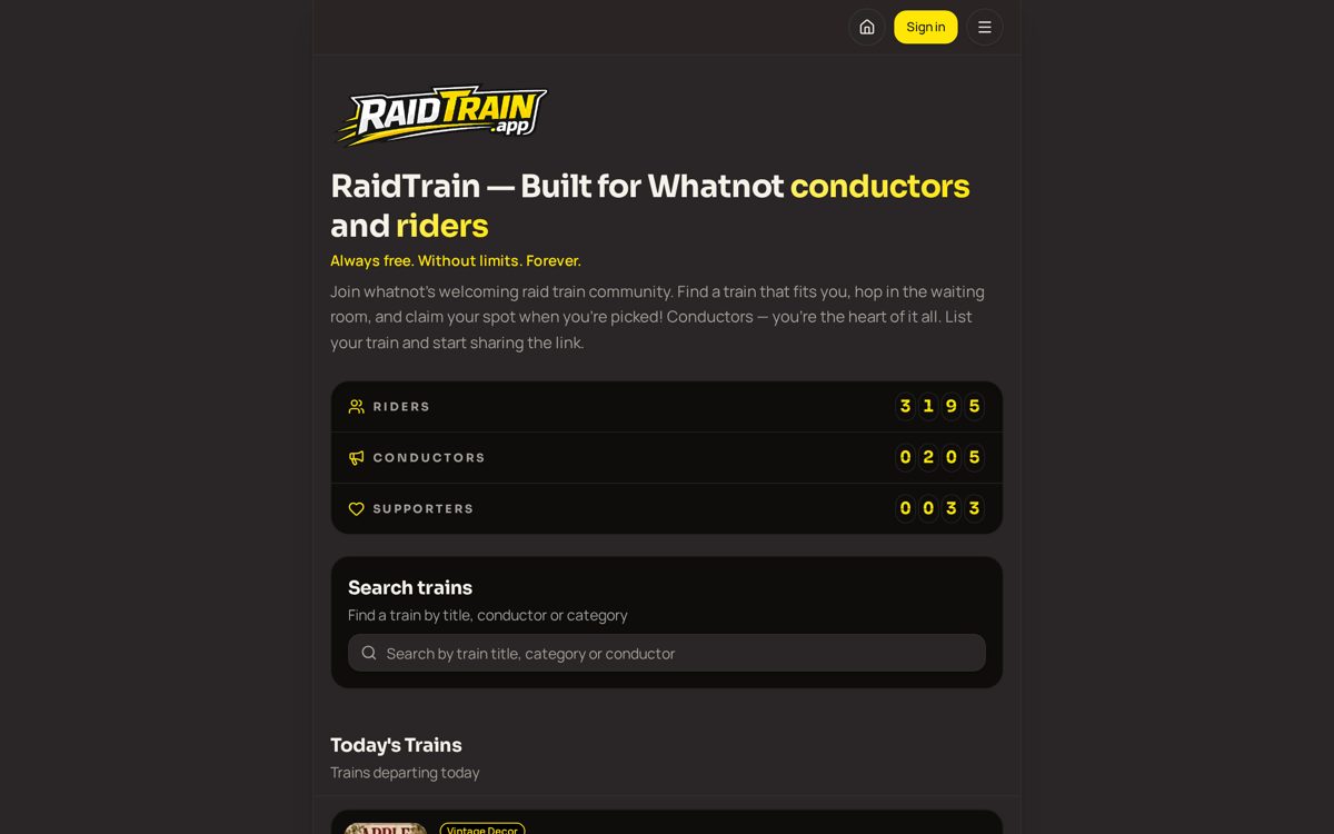 raidtrain.app website screenshot